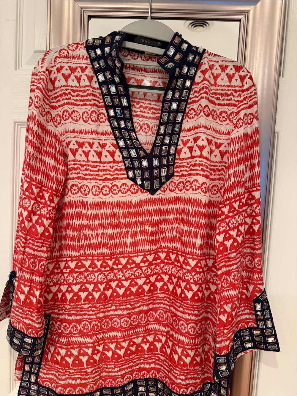 THML Red & Navy Embellished V-Neck Printed Tunic